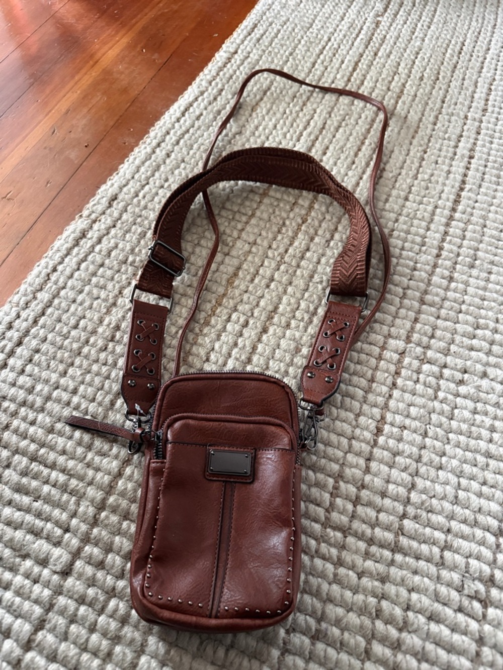 Compact Brown Leather Crossbody Bag with Studded Detail
